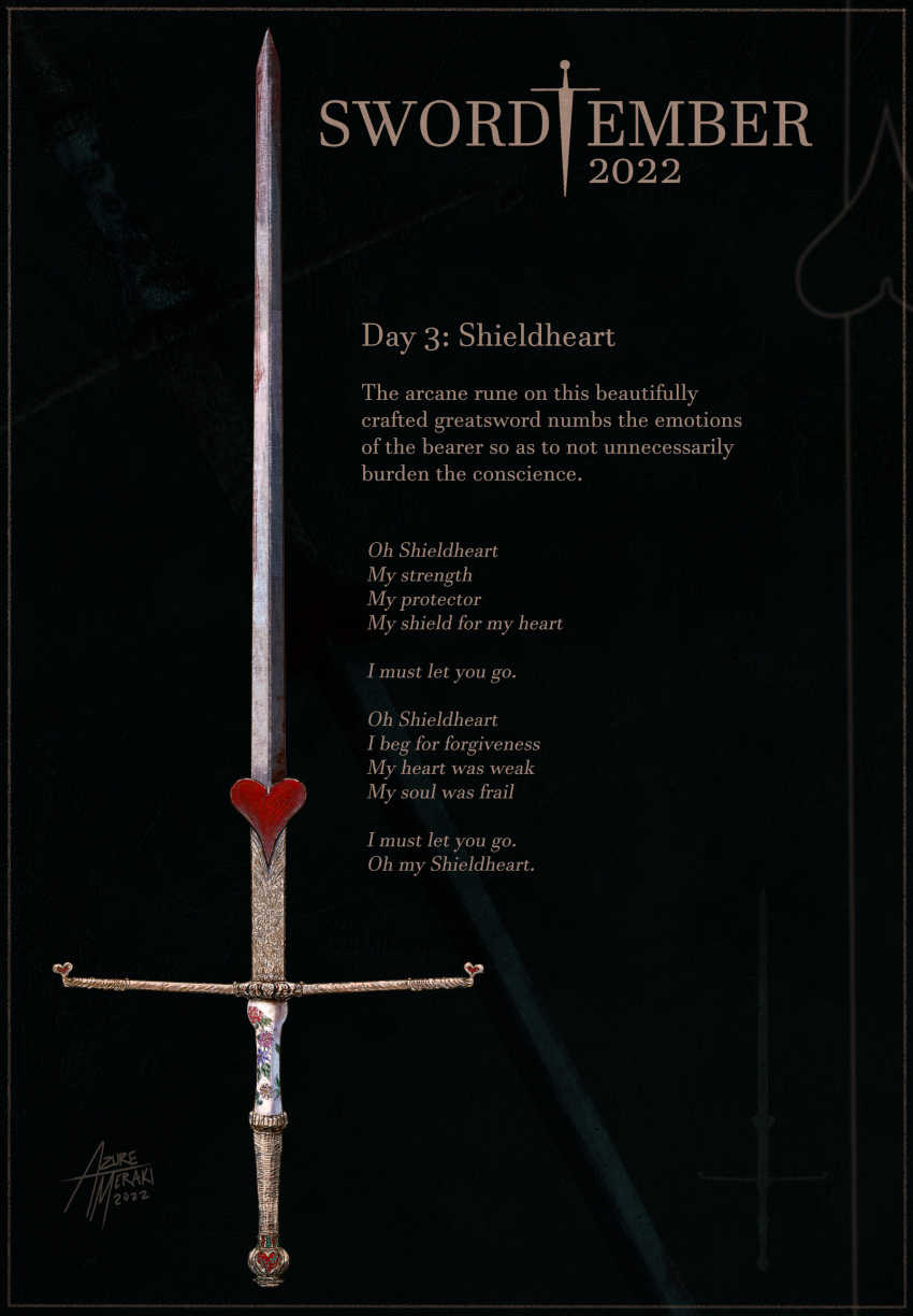 absurdres azure_meraki dated english_commentary english_text heart highres no_humans original ornate_weapon signature sword weapon weapon_focus