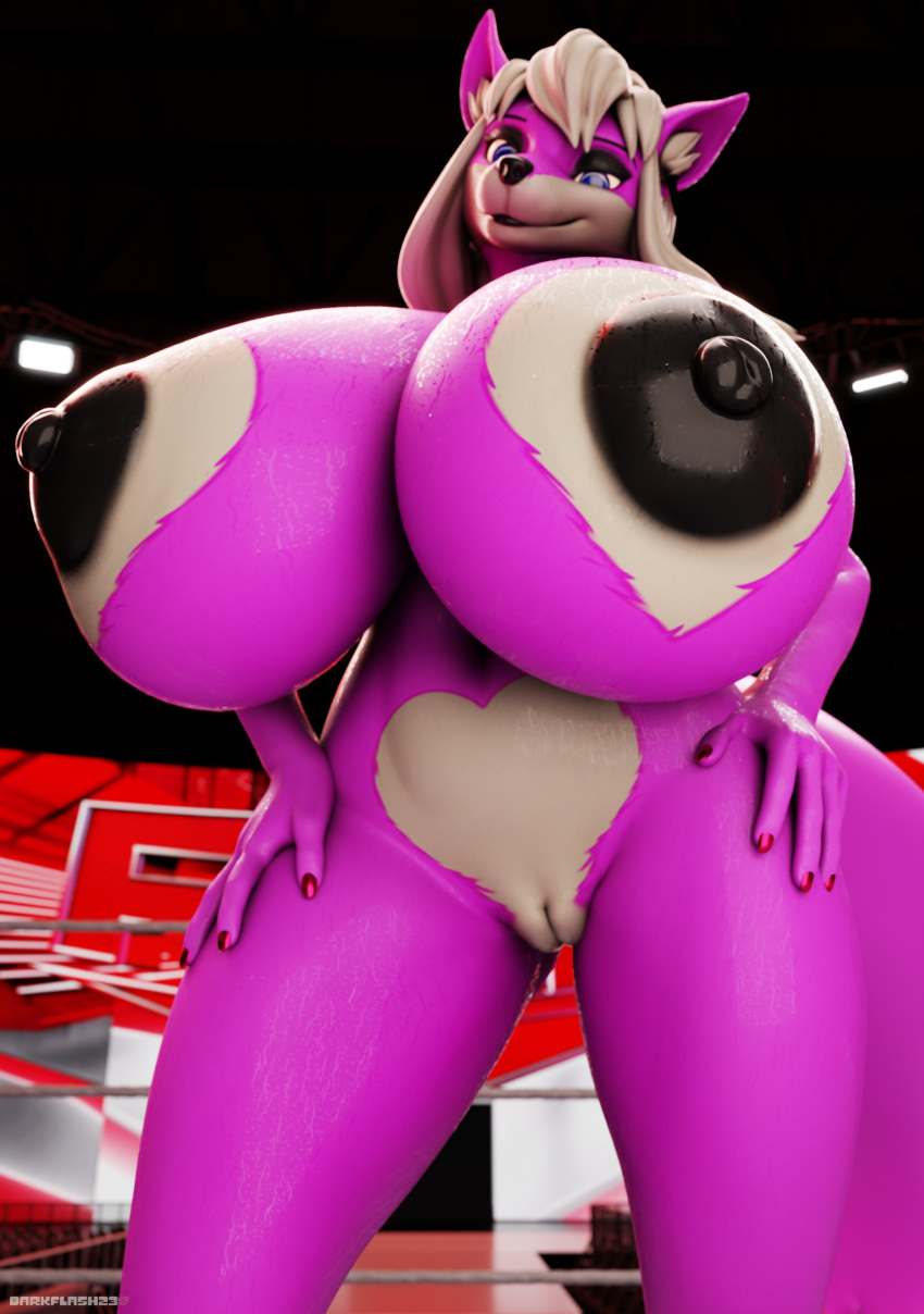 3d_(artwork) absurd_res anthro areola big_areola big_breasts black_areola black_nipples blue_eyes bodily_fluids breasts canid canine canis colored_nails darkflash23 digital_media_(artwork) ear_tuft female fighting_ring fur genitals hair hands_on_hips heart_symbol hi_res huge_breasts hyper hyper_breasts innie_pussy looking_at_viewer mammal nails nipples pink_body pink_fur pussy red_nails solo sweat sweaty_breasts tuft white_body white_fur white_hair wolf yuni_hermit