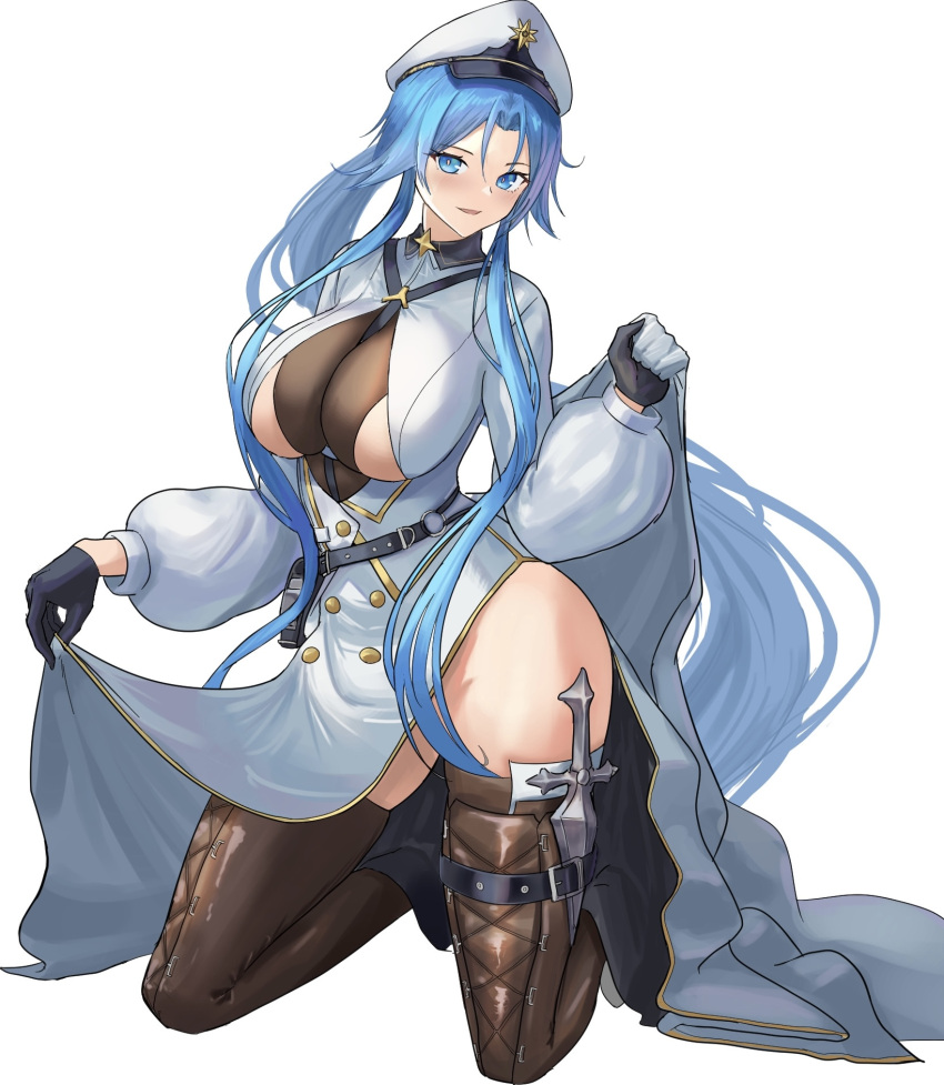 1girl azur_lane bangs belt_pouch black_gloves blue_eyes blue_hair boots breasts brown_footwear clothes_lift coat coat_dress commentary full_body gloves hair_between_eyes hat highres kneeling large_breasts leg_belt lom_(lom_lom_8) long_hair looking_at_viewer o-ring_belt parted_bangs parted_lips peaked_cap pelvic_curtain pelvic_curtain_lift pouch sidelocks simple_background smile solo sovetskaya_belorussiya_(azur_lane) thigh_boots underboob very_long_hair white_background white_coat white_headwear