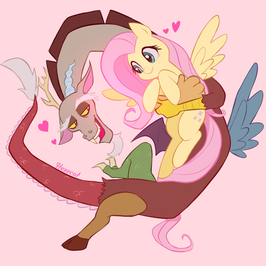 1:1 chimera discord_(mlp) draconequus dragon duo embrace equid equine female feral fluttershy_(mlp) friendship_is_magic fur hasbro hexecat hi_res horse hug hybrid male male/female mammal multicolored_body multicolored_fur my_little_pony pegasus pony smile wings yellow_body yellow_fur