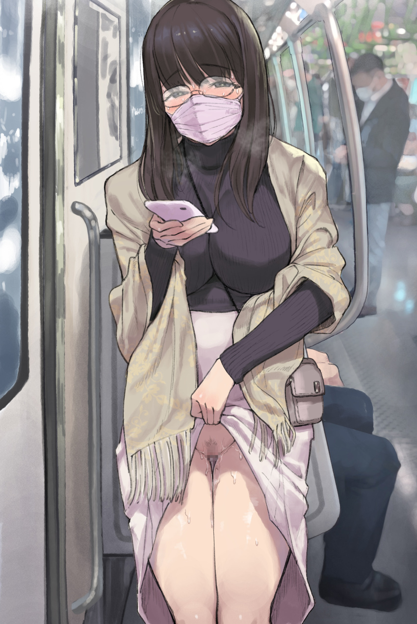1girl absurdres bag bangs between_breasts black_eyes black_hair black_sweater blunt_bangs blush breasts cellphone censored chijo clothes_lift female_pervert glasses groin highres holding holding_phone large_breasts lifted_by_self long_hair long_sleeves looking_at_viewer mask mosaic_censoring no_panties original pervert phone photo_background pubic_hair pussy pussy_juice shawl shoulder_bag skirt skirt_lift smartphone sparse_pubic_hair strap_between_breasts sweat sweater turtleneck turtleneck_sweater white_skirt yomoda_yomo