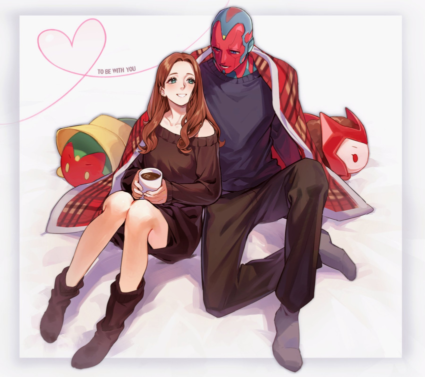 1boy 1girl android animification black_footwear black_pants blanket blue_eyes blue_sweater brown_hair coffee couple cup dress green_eyes heart highres holding holding_cup long_hair looking_at_another marvel marvel_cinematic_universe open_mouth pants qin_(7833198) scarlet_witch shared_blanket smile sweater sweater_dress vision_(marvel) wanda_maximoff wandavision