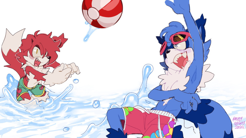 16:9 anthro ball beach_ball blue_body blue_fur blue_hair bottomwear canid canine canis clothing comet_the_dog dipstick_tail domestic_dog duo eyewear eyewear_on_head fan_character fangs fur hair happy hi_res inflatable male mammal markings miistniight open_mouth open_smile procyonid raccoon red_body red_fur red_hair ring_(marking) ringtail sega shorts smile sonic_the_hedgehog_(series) sunglasses sunglasses_on_head swimming_trunks swimwear tail tail_markings teeth water widescreen
