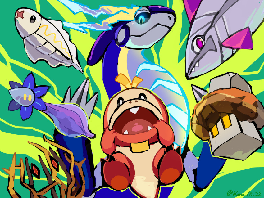 absurdres bramblin closed_mouth fuecoco glimmet green_background hakkaro_kano highres miraidon nacli open_mouth pokemon pokemon_(creature) pokemon_(game) pokemon_sv simple_background tynamo veluza