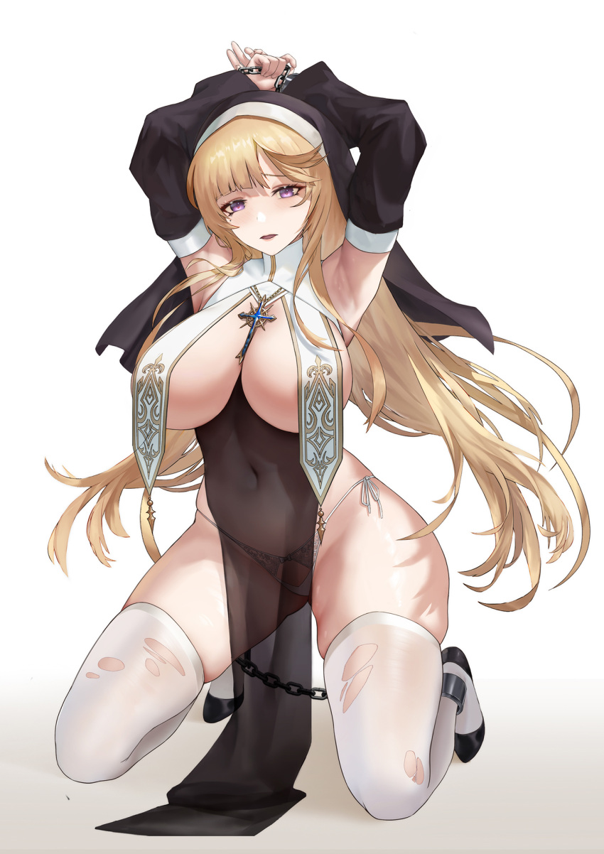 1girl armpits arms_up asymmetrical_bangs bangs black_footwear black_sleeves blonde_hair breast_curtains breasts chain chained chained_wrists commentary_request covered_navel covered_nipples cross cross_necklace detached_sleeves habit hei1905 highleg highleg_panties highres jewelry kneeling large_breasts long_hair looking_at_viewer mole mole_under_eye necklace nun open_mouth original panties pelvic_curtain purple_eyes restrained see-through simple_background skindentation solo string_panties thighhighs thighs torn_clothes torn_thighhighs underwear white_background white_panties white_thighhighs