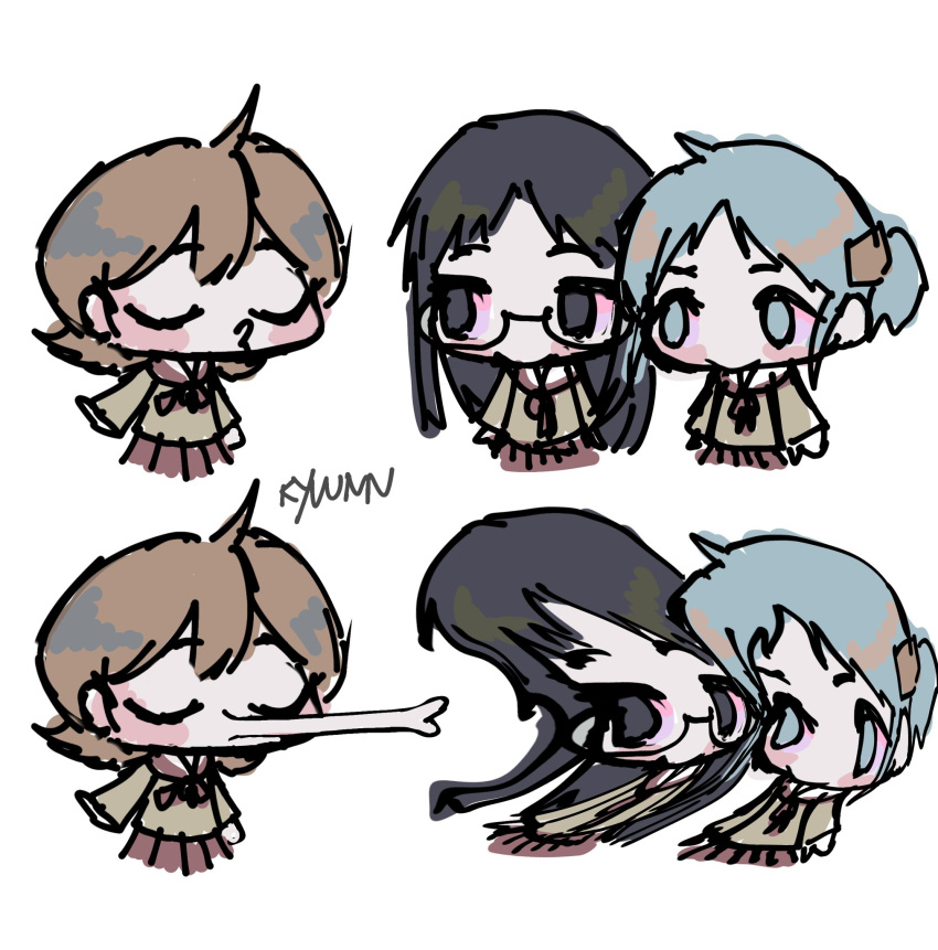 3girls aioi_yuuko artist_name black_eyes black_hair blue_eyes blue_hair brown_hair brown_shirt chibi closed_eyes colored_sclera distortion english_commentary extended_mouth glasses highres kyuunn looking_to_the_side minakami_mai multiple_girls naganohara_mio nichijou one_side_up pink_sclera puckered_lips sailor_collar school_uniform shirt short_hair sketch tokisadame_school_uniform