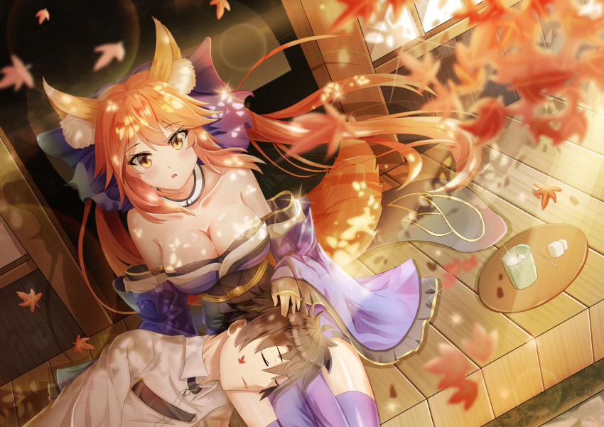 1boy 1girl animal_ear_fluff animal_ears architecture autumn autumn_leaves bangs bare_shoulders black_hair blue_bow blue_dress blue_sleeves blue_thighhighs blush bow breasts choker cleavage collarbone cup dappled_sunlight detached_sleeves dress east_asian_architecture eyelashes falling_leaves fate/grand_order fate_(series) fox_ears fox_girl fox_tail frilled_sleeves frills fujimaru_ritsuka_(male) hair_between_eyes hair_bow headpat highres lap_pillow large_breasts leaf light_rays long_hair looking_at_viewer open_mouth outdoors pink_hair shadow short_dress short_hair sidelocks sleeping sleeves_past_wrists sparkle spiked_hair sunlight sunrise synn032 tail tamamo_(fate) tamamo_no_mae_(fate/extra) thighhighs tray twintails very_long_hair white_choker wide_sleeves wind yellow_eyes zettai_ryouiki