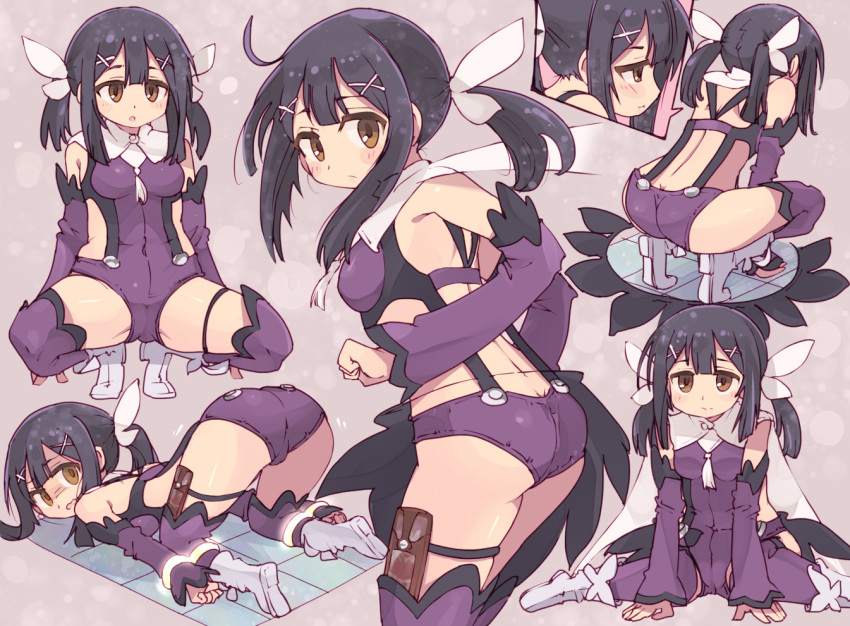 1girl 4040_(abonriya) ass black_hair breasts cameltoe fate/kaleid_liner_prisma_illya fate_(series) feather_hair_ornament feathers hair_ornament hairclip kaleidostick leotard long_hair magical_girl miyu_edelfelt multiple_views purple_leotard purple_sleeves purple_thighhighs restrained small_breasts solo spread_legs squatting thighhighs top-down_bottom-up twintails yellow_eyes