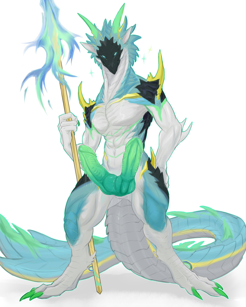 2_penises 4_fingers abs absurd_res animal_genitalia animal_penis anthro arm_spikes beak belly black_face blue_body bodily_fluids claws colored detailed digitigrade dragon dripping elbow_spikes fingers flaming_weapon genital_fluids genitals green_claws green_horn green_penis hand_on_hip hemipenes hi_res holding_object holding_weapon horn knot laobai long_tail magic_weapon male melee_weapon multi_genitalia multi_penis muscular muscular_anthro penis pinup polearm pose precum precum_drip precum_string shaded shoulder_spikes simple_background solo spear spikes spikes_(anatomy) standing starry tail thick_tail weapon white_belly