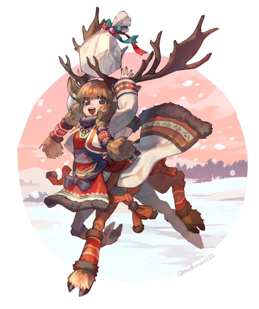 1girl animal_ears arms_up artist_name blue_eyes braid brown_coat brown_eyes brown_fur brown_hair centauroid coat deer_antlers deer_ears deer_girl full_body fur-trimmed_coat fur-trimmed_hood fur_trim highres hood hooves horizontal_pupils leg_warmers long_hair long_sleeves looking_at_viewer monster_girl mullmull02 multicolored_background multicolored_eyes open_mouth orange_sky original outdoors running sidelocks sky snow snowing solo taur twin_braids twitter_username