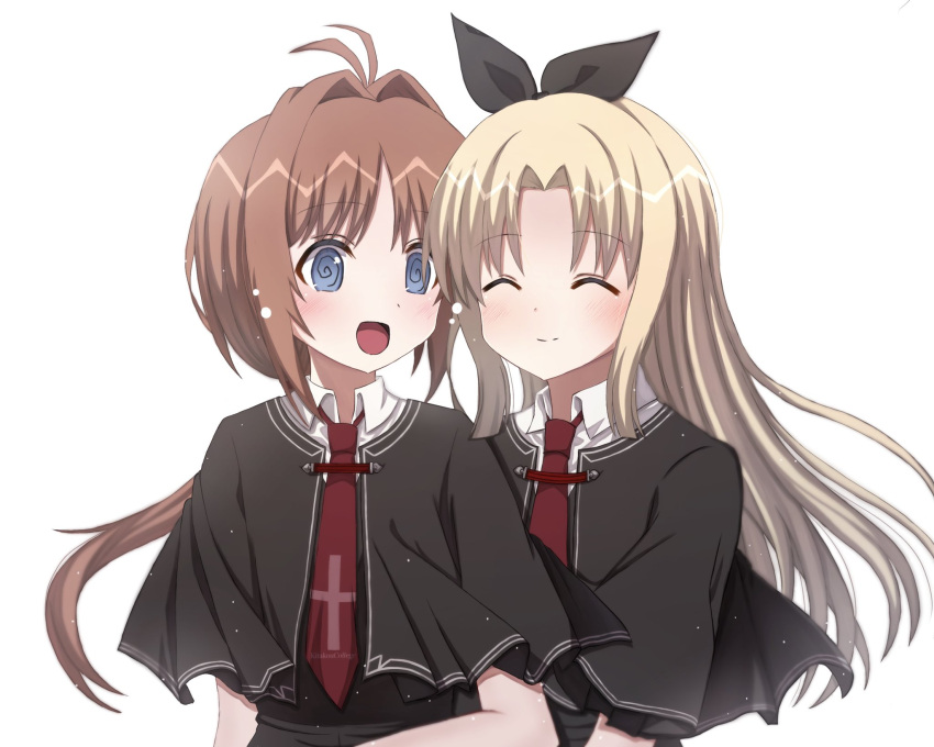 black_bow blonde_hair blue_eyes blush bow brown_hair capelet closed_eyes highres long_hair low_ponytail mahigu_re medium_hair necktie red_necktie school_uniform smile tsui_no_sora wakatsuki_kotomi yokoyama_yasuko