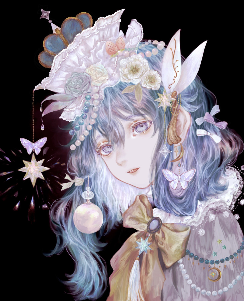 1girl beads black_background bow butterfly_hair_ornament ciel_(kamitsubaki_studio) flower food-themed_hair_ornament grey_eyes grey_hair grey_headwear hair_beads hair_between_eyes hair_flower hair_ornament highres kamitsubaki_studio looking_at_viewer multicolored_hair shirone_(coxo_ii) solo strawberry_hair_ornament tilted_headwear two-tone_hair upper_body white_hair white_headwear