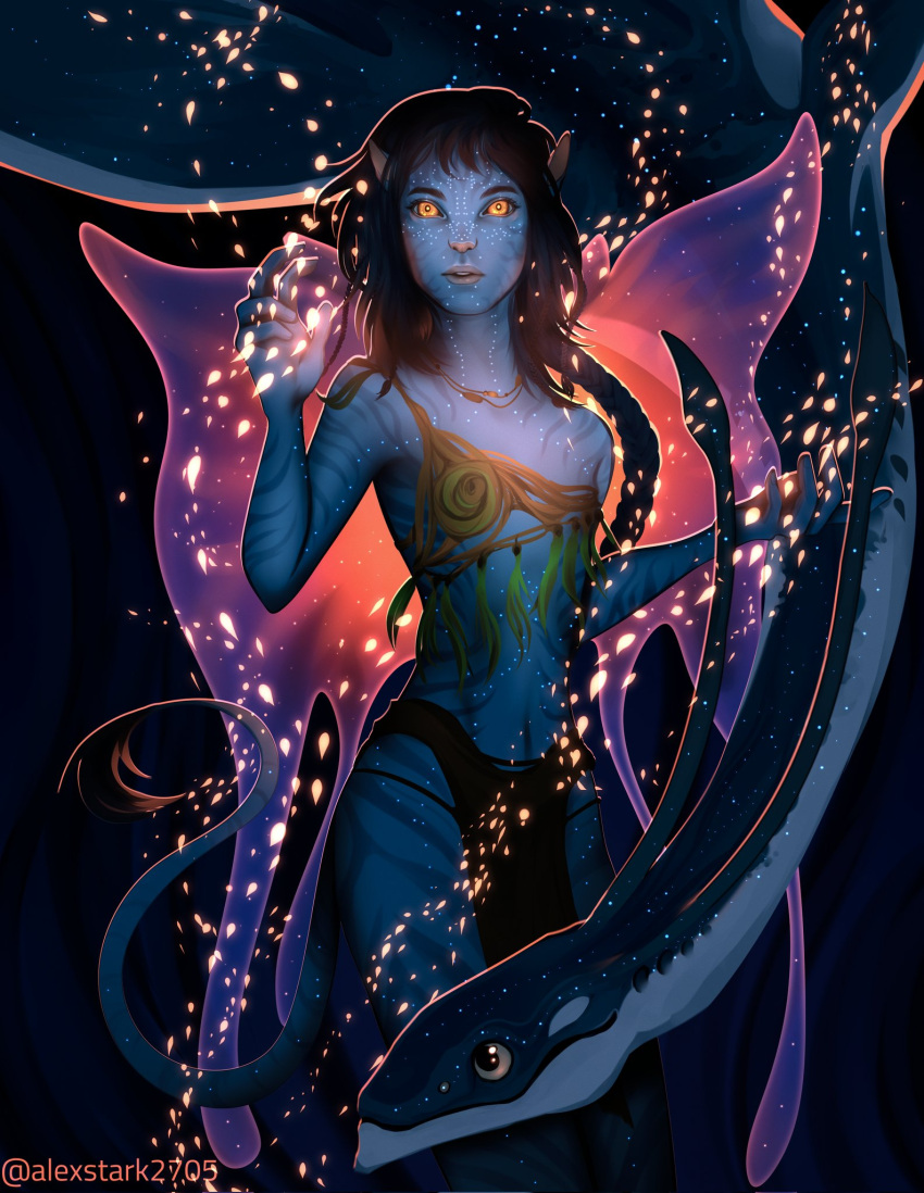 1girl alexstark2705 alien animal_ears animal_nose artist_name avatar:_the_way_of_water bare_shoulders black_hair blue_skin blue_tail breasts brown_hair cat_ears colored_skin commentary english_commentary highres james_cameron's_avatar kiri_(avatar) lights long_hair na'vi navel open_mouth pointy_ears science_fiction single_strap solo tail teeth tribal upper_body upper_teeth_only yellow_eyes