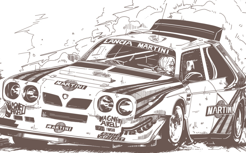 1girl bangs car commission driving dust ground_vehicle hair_over_one_eye highres lancia_(brand) lancia_delta_s4 looking_ahead martini_(brand) mizukiri_fuurai motor_vehicle original race_vehicle racecar rally_car short_hair skeb_commission solo vehicle_focus world_rally_championship