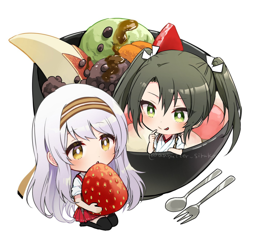 2girls anbutter_siruko banana brown_eyes chibi dark_green_hair dessert food fork fruit green_eyes hakama hakama_short_skirt hakama_skirt headband highres ice_cream japanese_clothes kantai_collection long_hair multiple_girls oversized_object red_hakama red_headband red_skirt shoukaku_(kancolle) simple_background skirt spoon strawberry tasuki twitter_username white_background white_hair zuikaku_(kancolle)