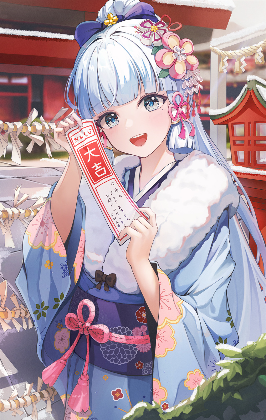 1girl :d architecture bangs black_bow blue_eyes blue_hair blue_kimono blunt_bangs blunt_tresses blurry bow day depth_of_field east_asian_architecture floral_print flower_knot fur-trimmed_kimono fur_trim furisode genshin_impact hair_bow hair_ribbon hands_up hatsumoude high_ponytail highres holding japanese_clothes kamisato_ayaka kimono light_blue_hair long_hair long_sleeves looking_at_viewer new_year obi omikuji open_mouth outdoors pink_ribbon prana_(prana12) print_kimono ribbon sash shrine smile snow solo tassel translation_request tress_ribbon very_long_hair wide_sleeves