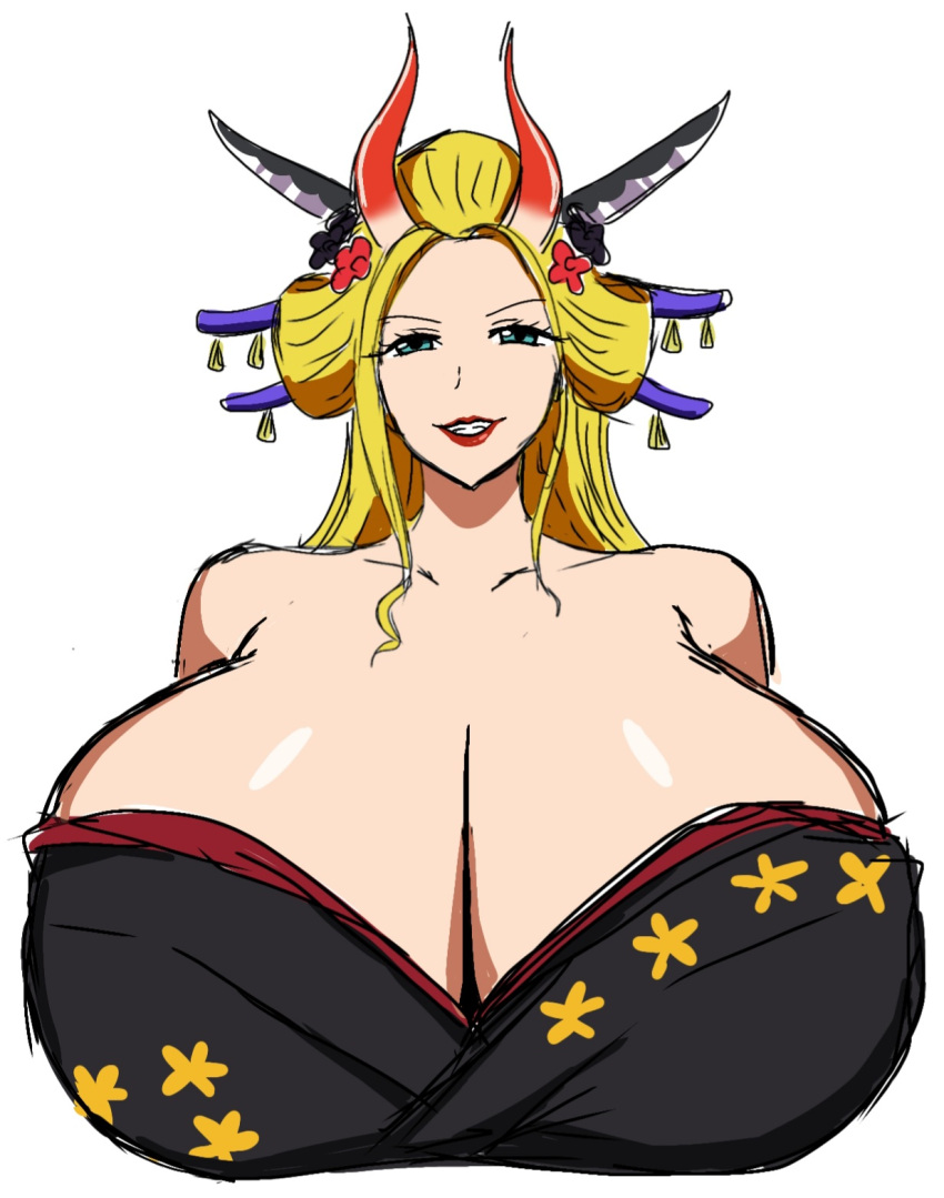 1girl ass black_maria_(one_piece) blonde_hair blue_eyes breasts clothes gigantic_breasts highres horns huge_ass huge_breasts japanese_clothes kimono long_hair looking_at_viewer monhuter10 one_piece simple_background smile solo tall_female white_background
