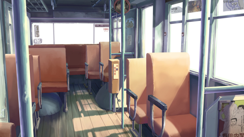 114514 bus bus_interior chair commentary_request day ground_vehicle highres inmu-kun kbs_trio manatsu_no_yo_no_inmu motor_vehicle no_humans poster_(object) scenery traffic_mirror tyb_(inmu) wooden_floor