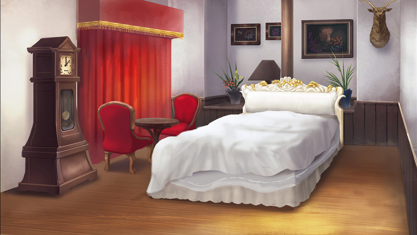 bed bedroom chair clock commentary_request curtains deer grandfather_clock indoors lamp manatsu_no_yo_no_inmu no_humans painting_(object) picture_frame plant potted_plant scenery table trophy_head tyb_(inmu) wooden_floor