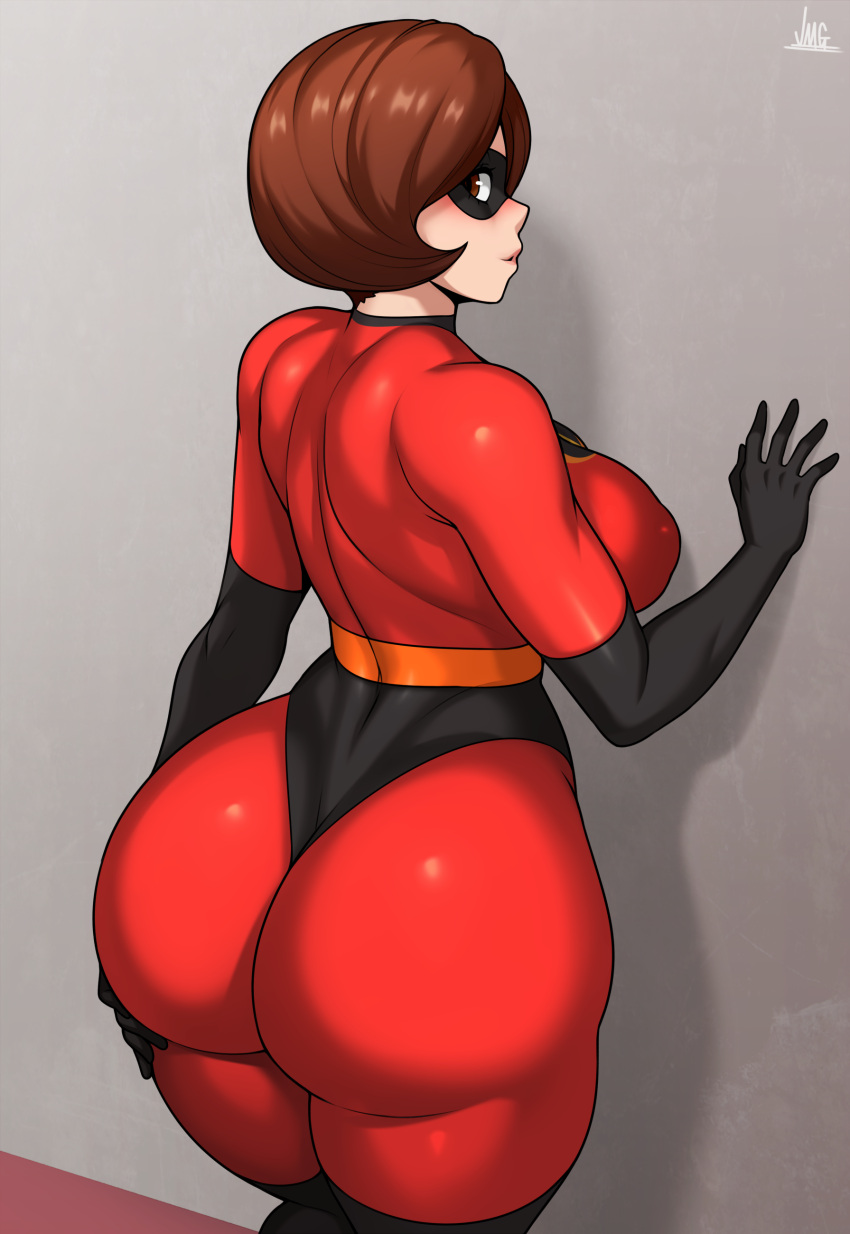 1girl absurdres against_wall ass ass_focus black_gloves breasts brown_hair elastigirl gloves highres jmg large_breasts looking_at_viewer looking_back mask mature_female short_hair the_incredibles