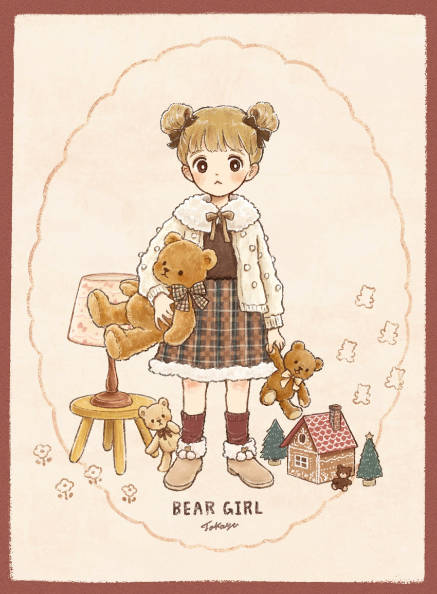 1girl :&lt; artist_name bangs black_eyes border bow bright_pupils brown_border brown_cardigan brown_eyes brown_footwear brown_ribbon brown_shirt brown_socks cardigan chimney christmas_tree closed_mouth english_text female_child full_body fur-trimmed_footwear fur-trimmed_skirt fur_collar fur_trim gingerbread_house highres holding holding_stuffed_toy lamp lampshade light_blush light_brown_hair lineart long_sleeves looking_away multicolored_clothes multicolored_skirt original plaid plaid_ribbon plaid_skirt plant pleated_skirt ribbon shirt short_hair size_difference skirt socks solo standing star_(symbol) stool stuffed_animal stuffed_toy tan_background teddy_bear tokoyu yellow_bow yellow_ribbon
