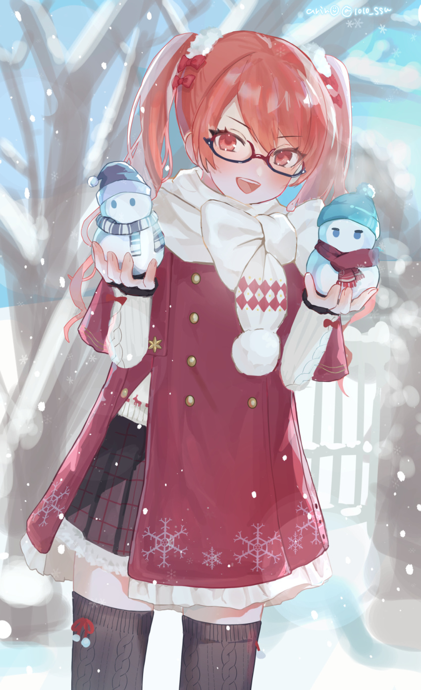 1girl :d arin_(1010_ssu) bangs blue_sky bow brown_skirt brown_thighhighs coat frederica_nikola_tesla glasses highres holding honkai_(series) honkai_impact_3rd long_hair long_sleeves looking_at_viewer open_mouth outdoors red_bow red_coat red_eyes red_hair scarf skirt sky smile snow snowing snowman solo thighhighs twintails white_scarf