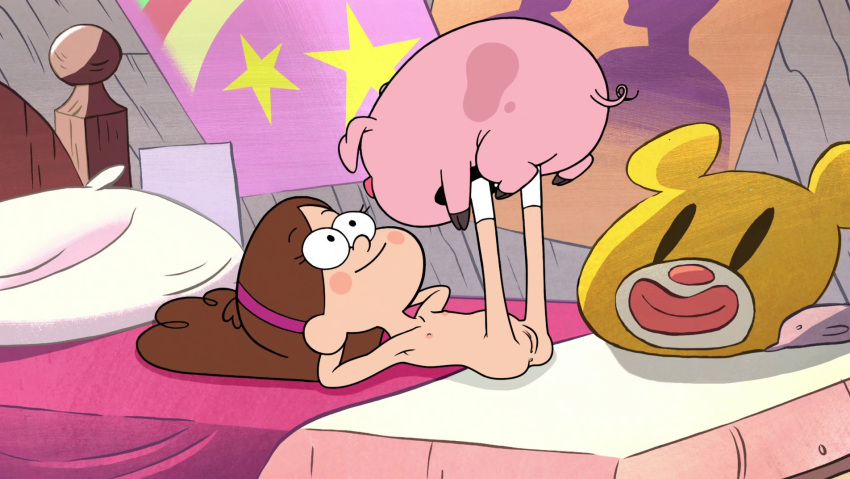 bed blush blush_stickers brown_hair casual_nudity disney domestic_pig duo female furniture genitals gravity_falls hair hi_res human mabel_pines male male/female mammal nude on_bed poster pussy smile suid suina sus_(pig) waddles_(gravity_falls) young