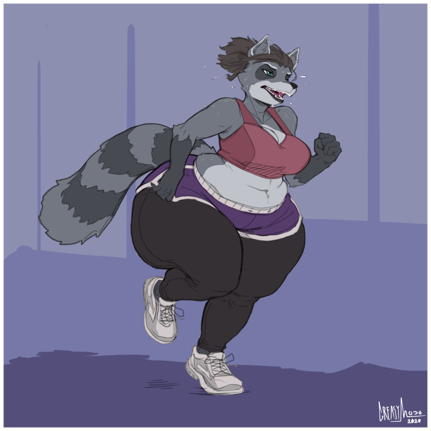 anthro belly_rolls big_breasts blue_eyes bodily_fluids bottom_heavy bottomwear breasts brown_hair clothing countershading exercise eye_markings female fur greasymojo grey_body grey_fur hair hi_res huge_hips huge_thighs love_handles mammal markings midriff obese obese_female overweight overweight_female ponytail procyonid raccoon ring_(marking) ringtail running running_shoes sharp_teeth shorts solo striped_markings striped_tail stripes sweat sydney_donnel tail tail_markings teeth thick_thighs workout_clothing