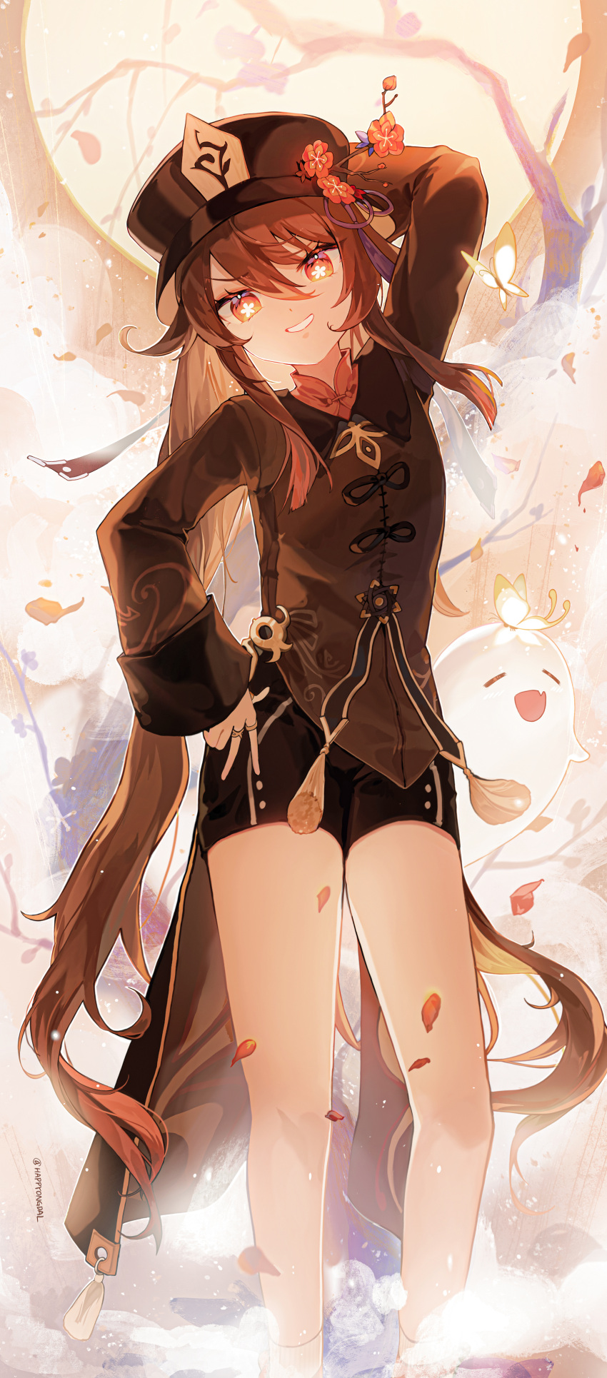 1girl absurdres arm_up boo_tao_(genshin_impact) brown_hair chinese_clothes closed_eyes commentary flower full_body genshin_impact ghost hand_on_hip happyongdal hat hat_flower highres hu_tao_(genshin_impact) jewelry legs long_sleeves looking_at_viewer open_mouth petals red_eyes revision ring short_shorts shorts smile solo standing symbol-only_commentary symbol-shaped_pupils thighs top_hat tree twintails