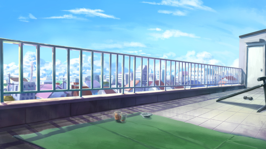 ashtray blanket blue_sky building city cloud cup day door highres house manatsu_no_yo_no_inmu no_humans outdoors power_lines railing rooftop scenery sky tyb_(inmu) utility_pole weights