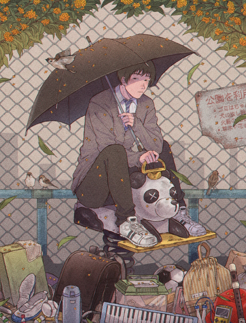 1boy :| animal backpack bag ball bangs baseball bird black_bag black_hair black_pants black_umbrella book bottle box cardigan chain-link_fence closed_mouth collared_shirt drawstring_bag fence flower flute flying full_body grey_cardigan handheld_game_console highres holding holding_umbrella insect_cage instrument inumoto922 jump_rope keyboard_(instrument) leaf long_sleeves looking_to_the_side male_focus melodica necktie orange_flower original osmanthus outdoors panda pants paper park playground railing randoseru recorder shadow shirt shoelaces shoes short_hair sideways_glance sign sneakers soccer_ball sparrow spring_(object) spring_rider striped striped_footwear thermos toy toy_box tree two-tone_footwear umbrella uwabaki vertical_stripes water_bottle white_footwear