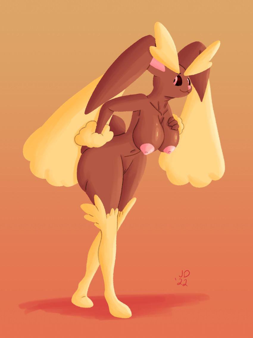 anthro big_breasts breasts female generation_4_pokemon hand_on_breast hand_on_butt hi_res jared_dillon lineless long_ears lopunny nintendo nipples pokemon pokemon_(species) simple_background solo thick_thighs