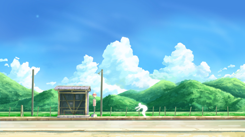 1boy blue_sky bus_stop cloud commentary_request day fence field glowing highres hill lamppost manatsu_no_yo_no_inmu outdoors road road_sign rural scenery sign sky tyb_(inmu) yajuu_senpai