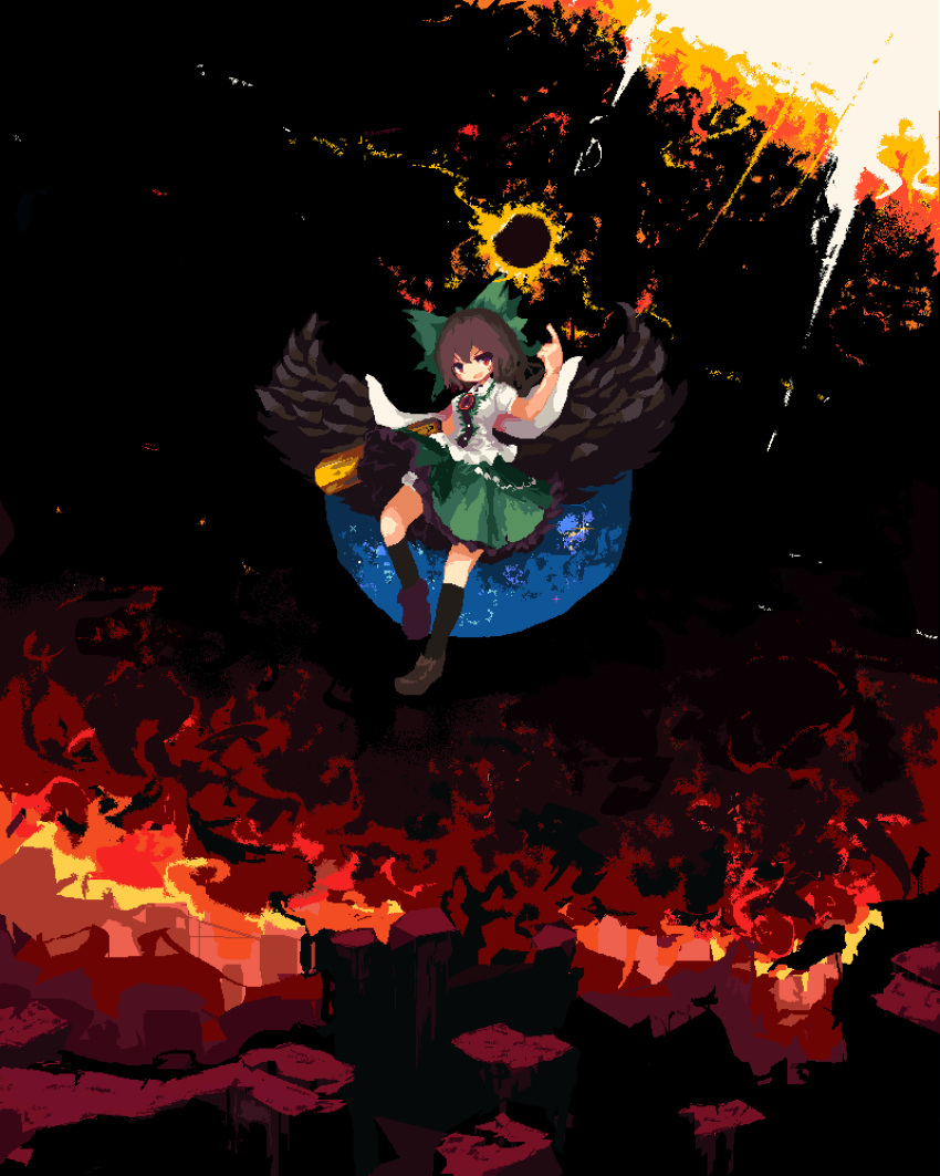 1girl absurdres arm_cannon bangs bird_wings black_socks black_sun black_wings bow breasts brown_footwear brown_hair buttons cape collared_shirt commentary_request control_rod fire frilled_skirt frills full_body green_bow green_skirt hair_bow highres kneehighs ling_os87 long_hair looking_at_viewer medium_breasts open_mouth pixel_art pointing pointing_up puffy_short_sleeves puffy_sleeves red_eyes reiuji_utsuho shirt shoes short_sleeves skirt smile socks solo starry_sky_print sun third_eye touhou weapon white_cape white_shirt wings
