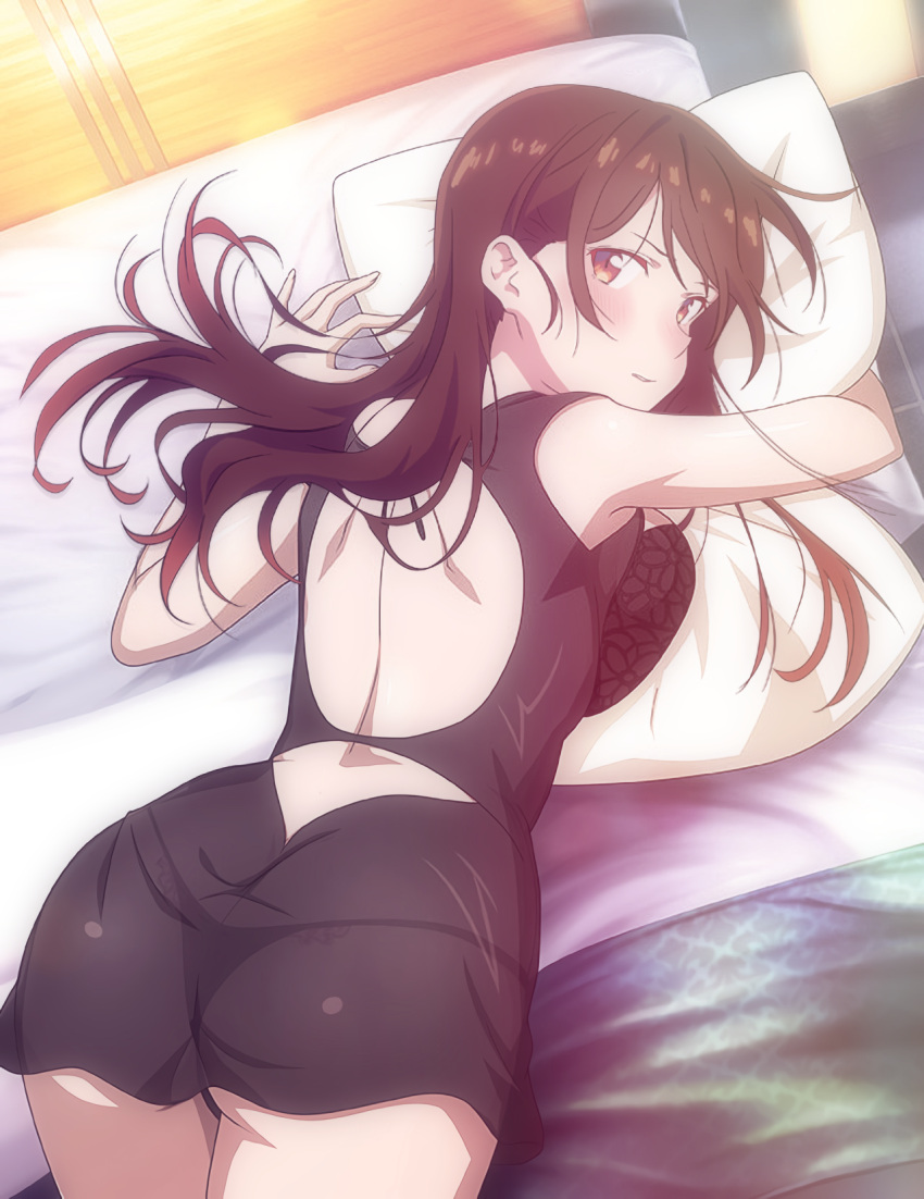 1girl ass backless_dress backless_outfit bangs bare_arms bed black_dress black_panties blush breast_press breasts brown_eyes brown_hair closed_mouth derivative_work dress from_above highres hug joxypruz kanojo_okarishimasu large_breasts lingerie looking_at_viewer looking_back lying mizuhara_chizuru nightgown object_hug on_bed on_stomach panties pillow pillow_hug see-through see-through_dress shiny_hair short_dress shoulder_blades sleepwear sleeveless sleeveless_dress solo underwear