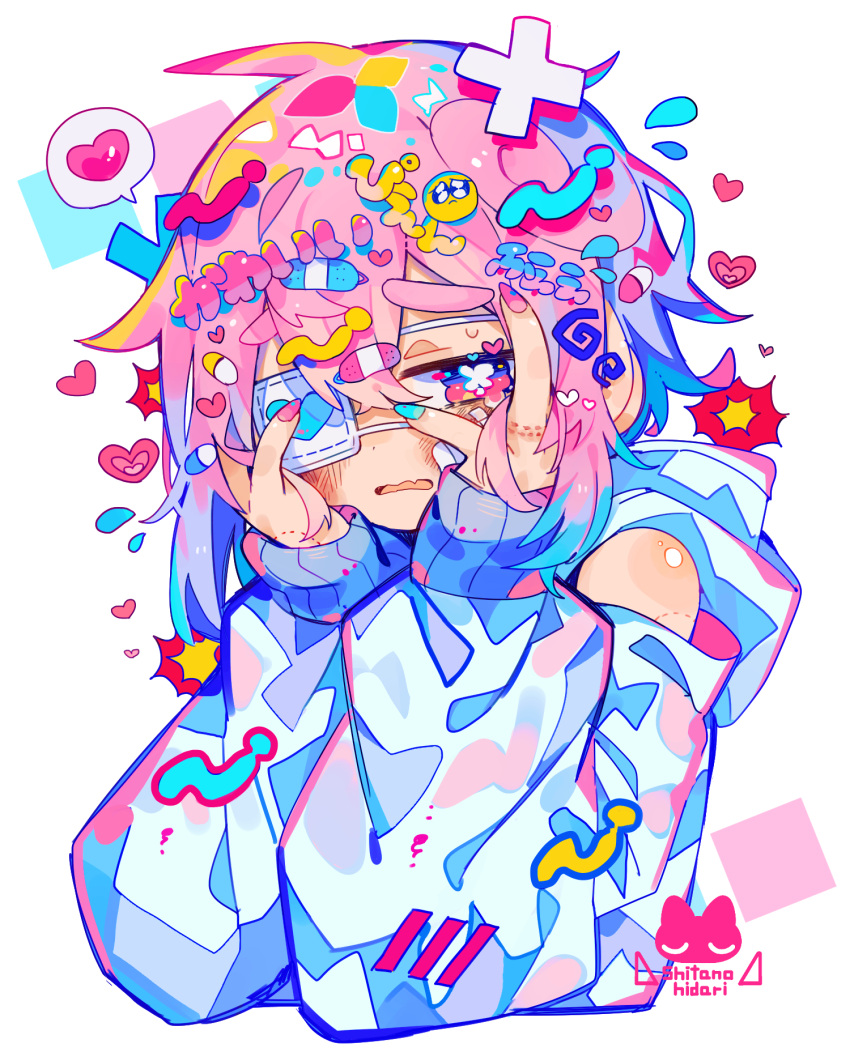 1boy bandage_on_face bandages bangs bite_mark commentary_request detached_sleeves emoji eyepatch fang hands_on_own_face heart highres hood hood_down hoodie male_focus medical_eyepatch open_mouth original pink_eyes pink_hair pleading_face_emoji raito-kun_(uenomigi) short_hair skin_fang solo sweat thick_eyebrows translation_request uenomigi white_hoodie white_sleeves