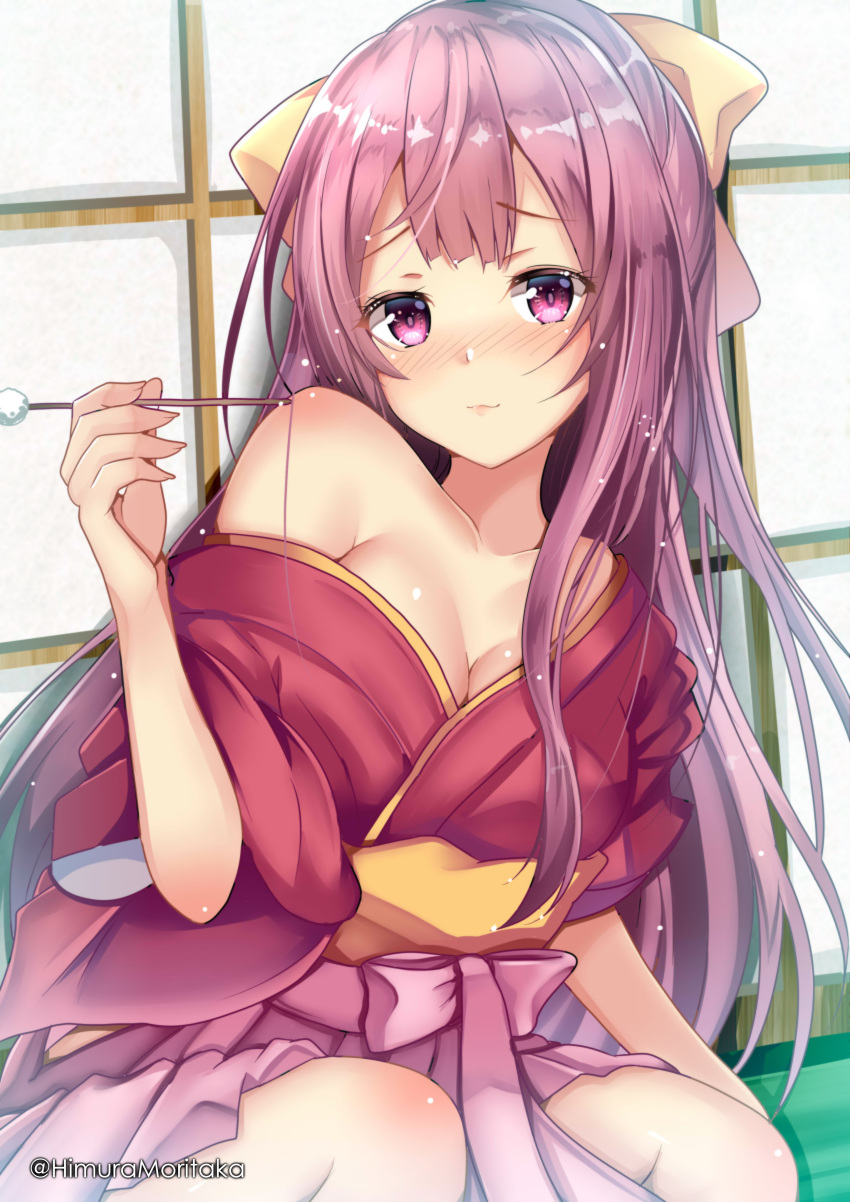 1girl absurdres bow breasts commentary_request hair_bow hakama highres himura_moritaka japanese_clothes kamikaze_(kancolle) kantai_collection kimono long_hair looking_at_viewer medium_breasts meiji_schoolgirl_uniform mimikaki off_shoulder pink_hakama purple_eyes purple_hair red_kimono solo twitter_username yellow_bow