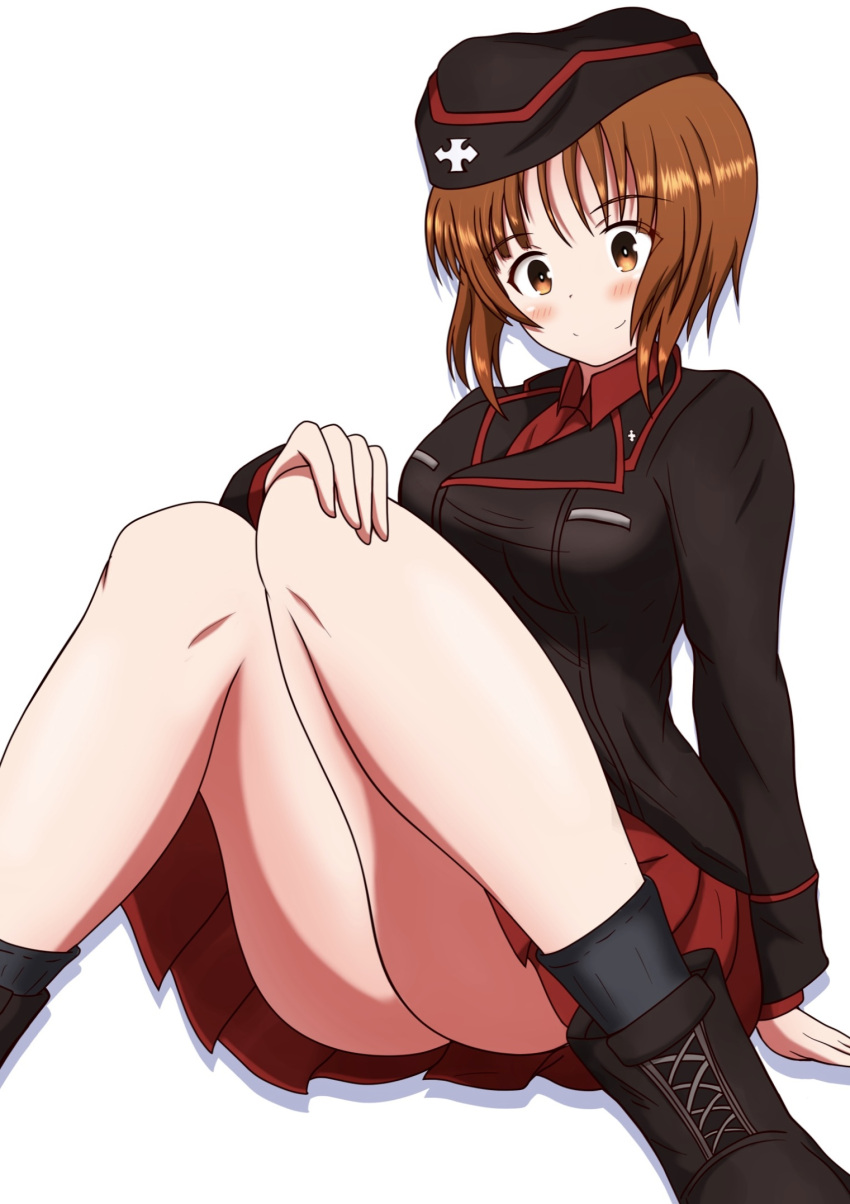 1girl ankle_boots bangs black_footwear black_headwear black_jacket black_socks boots brown_eyes brown_hair closed_mouth commentary dress_shirt garrison_cap girls_und_panzer hand_on_own_knee hat highres insignia jacket kuromorimine_military_uniform long_sleeves looking_at_viewer meiya military military_hat military_uniform miniskirt nishizumi_miho pleated_skirt red_shirt red_skirt shadow shirt short_hair simple_background sitting skirt smile socks solo uniform white_background wing_collar