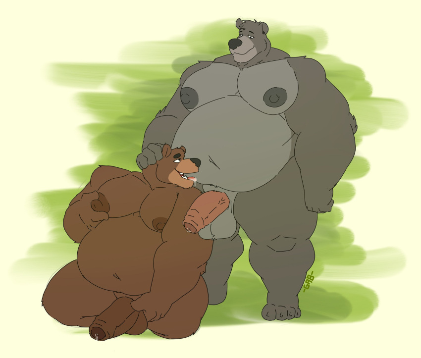 2022 anthro areola baloo bear belly biped bodily_fluids digital_media_(artwork) duo flaccid gabgbb genital_fluids genitals hi_res male male/male mammal navel nipples nude pecs penis precum simple_background thick_thighs wide_hips