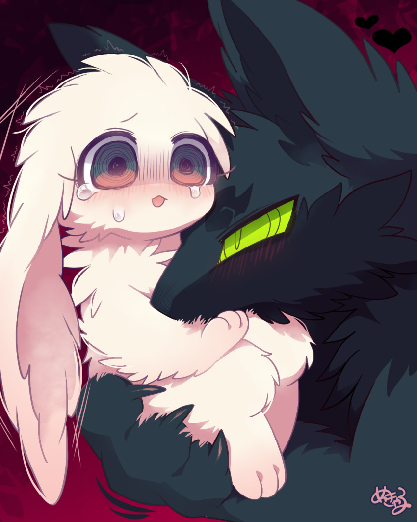 &lt;3 2022 3_fingers 3_toes ambiguous/ambiguous ambiguous_gender anthro anthro_on_anthro big_ears biped black_body black_claws black_fur black_inner_ear blush bodily_fluids canid canine carrying cheek_tuft claws colored digital_media_(artwork) duo elbow_tuft embrace eyelashes facial_markings facial_tuft feet finger_claws fingers floppy_ears fluffy fluffy_ears forehead_markings fox fur green_eyes green_pupils green_sclera grey_body grey_ears grey_fur head_markings head_tuft hi_res hug inochi_(mekkaryu) kemono lagomorph larger_ambiguous larger_anthro long_ears looking_at_another mammal markings mekkyaru monotone_body monotone_ears monotone_fur multicolored_body multicolored_fur nude nuzzling open_mouth paws pink_body pink_ears pink_eyes pink_fur pink_inner_ear predator/prey pupils red_background scared semi-anthro shaded shaking side_view signature simple_background size_difference size_play smaller_ambiguous smaller_anthro snout tears toes trembling tuft two_tone_body two_tone_fur