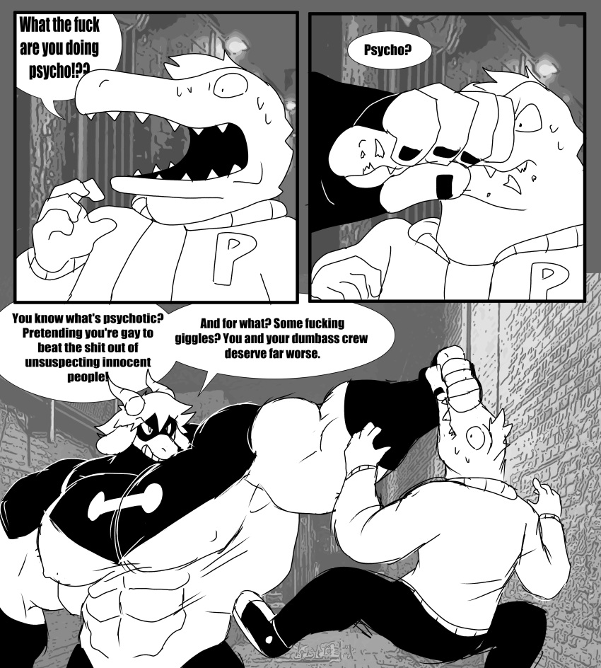 absurd_res anthro big_muscles bottomwear bovid building caprine clothing crocodile crocodilian crocodylid dialogue duo fight footwear gabriel_(parttimeyeen) goat hi_res horn huge_muscles hyper hyper_muscles jacket larger_male male mammal mask muscular muscular_anthro muscular_arms muscular_male night nipple_outline pants parttimeyeen_(artist) profanity reptile scalie scared sharp_teeth shirt shoes size_difference superhero superhero_costume teeth topwear yelling