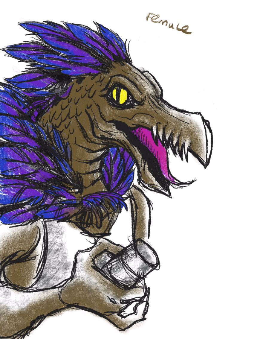 4_fingers alien anthro clothed clothing colored english_text fangs feather_hair feather_tuft feathered_crest feathers female fingers fissoffury flat_chested halo_(series) head_crest hi_res holding_object kig-yar looking_at_viewer microsoft multicolored_body multicolored_feathers pseudo_hair pupils purple_body purple_feathers ruuhtian_(kig-yar) scales scalie shirt simple_background slit_pupils solo tan_body tan_skin tank_top teeth text tongue tongue_out topwear tuft two_tone_body two_tone_feathers xbox_game_studios yellow_eyes