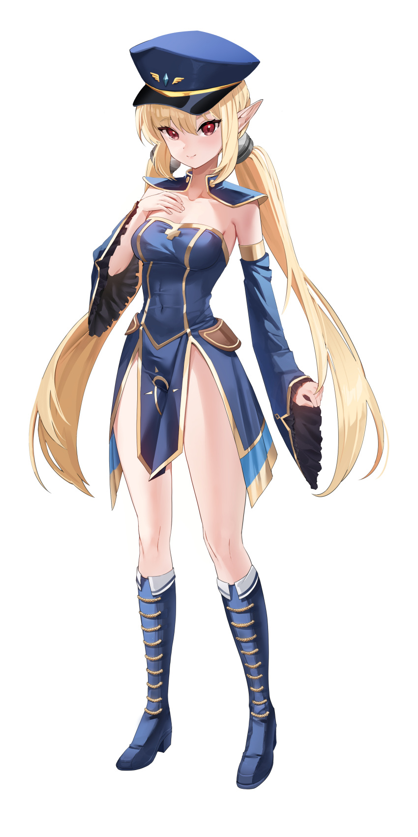 1girl absurdres bare_shoulders blonde_hair blue_dress blue_footwear blue_headwear boots breasts closed_mouth commission covered_navel detached_sleeves dress dungeon_and_fighter epaulettes full_body gold_trim hair_ornament hand_on_own_chest hand_up hat highres knee_boots long_hair long_sleeves looking_at_viewer mage_(dungeon_and_fighter) medium_breasts no_panties peaked_cap pelvic_curtain pointy_ears red_eyes sidelocks smile solo somyo_(s0my0) standing strapless strapless_dress thighs twintails very_long_hair wide_sleeves
