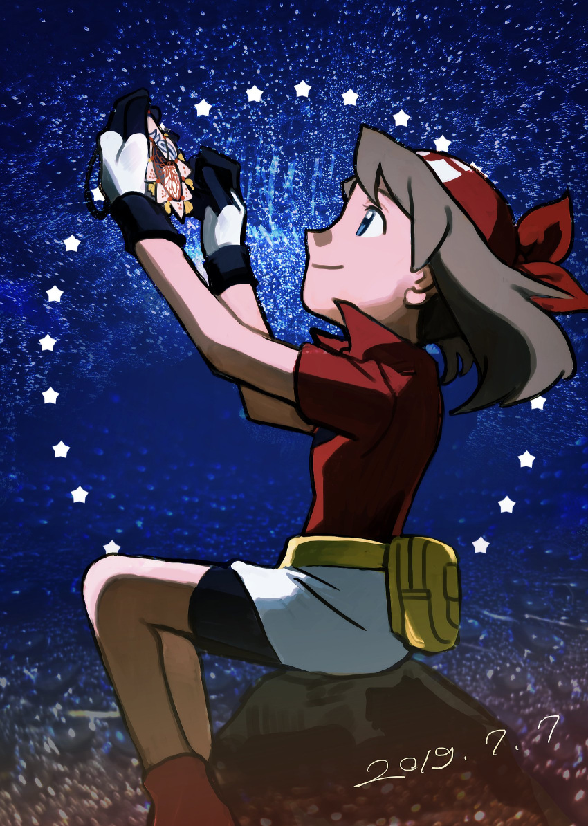 1girl arms_up bandana bike_shorts_under_skirt blue_eyes brown_hair closed_mouth collared_shirt commentary_request dated elizabeth_(tomas21) fanny_pack from_side gloves highres holding may_(pokemon) night outdoors pokemon pokemon_(anime) pokemon_rse_(anime) red_bandana red_shirt shirt short_sleeves sitting skirt smile solo star_(symbol) white_gloves white_skirt yellow_bag