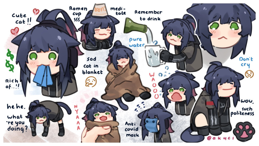 1girl :3 animal_ears arknights artist_name blanket cat_ears cat_girl cat_tail chibi commentary crying crying_cat_(meme) english_text floppy_ears highres jessica_(arknights) kani_fish lungmen_dollar mask meme mouth_mask ponytail surgical_mask symbol-only_commentary tagme tail water