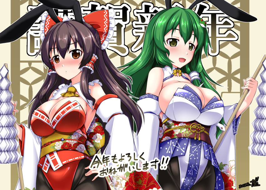 2girls adapted_costume alternate_costume animal_ears ascot black_pantyhose blush bow breasts brown_eyes brown_hair detached_collar detached_sleeves embarrassed fake_animal_ears frilled_bow frilled_hair_tubes frills frog frog_hair_ornament gohei gonzaburo green_eyes green_hair hair_bow hair_ornament hair_tubes hakurei_reimu highres japanese_clothes kochiya_sanae large_breasts leotard long_hair long_sleeves medium_hair miko multiple_girls pantyhose playboy_bunny rabbit_ears red_bow red_leotard sash smile snake snake_hair_ornament strapless strapless_leotard touhou upper_body white_leotard wide_sleeves yellow_ascot