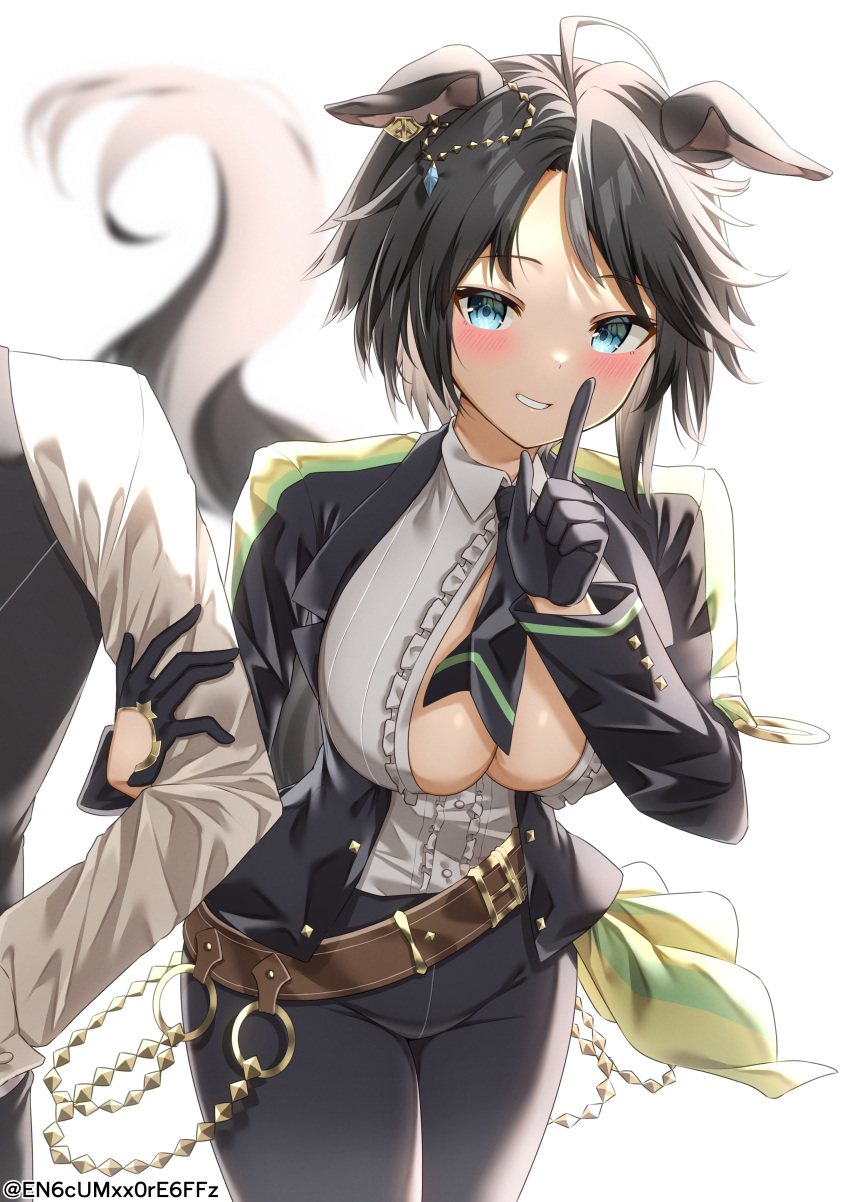1boy 1girl absurdres ahoge animal_ears bangs belt black_gloves black_hair black_jacket black_necktie black_pants black_vest blue_eyes blurry blurry_background blush breasts brown_belt center_frills cleavage collared_shirt commentary_request cowboy_shot ear_ornament ear_piercing frilled_shirt frills fuji_kiseki_(umamusume) gloves gold_trim highres horse_ears horse_girl horse_tail index_finger_raised jacket locked_arms long_sleeves multicolored_hair necktie open_clothes open_jacket out_of_frame pants partially_unbuttoned piercing shirt short_hair sidelocks simple_background smile standing tail trainer_(umamusume) twitter_username umamusume underbust vest white_background white_hair white_shirt yamano_rokamizu