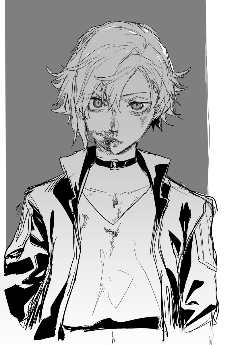 1girl absurdres blood blood_on_face choker greyscale highres jacket leo_(reiga) looking_at_viewer monochrome nosebleed o-ring o-ring_choker open_clothes open_jacket original parted_lips reiga_(act000) shirt short_hair solo tomboy