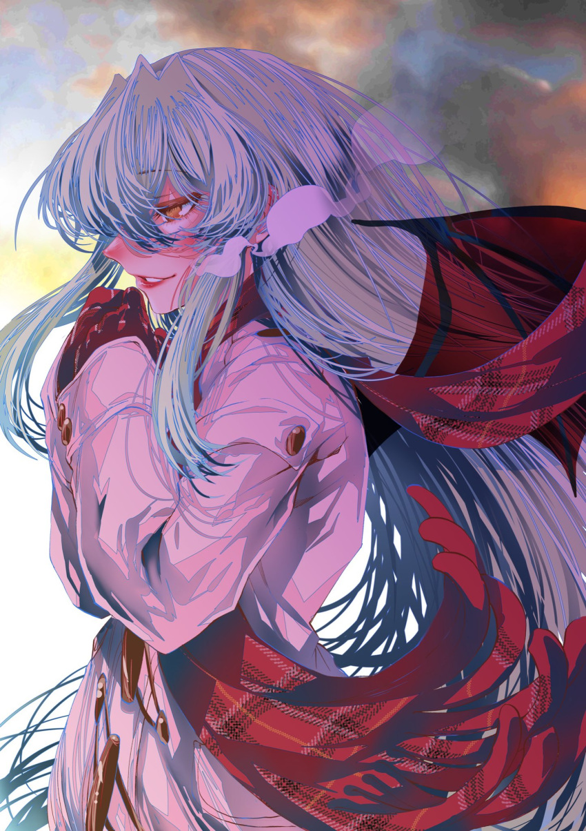 1girl bangs bat_wings blush coat cold floating_scarf gloves green_hair highres jacket jitsu_wa_watashi_wa lipstick long_hair looking_to_the_side makeup masuda_eiji nose_blush official_art orange_eyes own_hands_together parted_lips pink_jacket profile red_gloves red_scarf scarf shiragami_youko solo steam vampire very_long_hair visible_air wings winter_clothes winter_coat