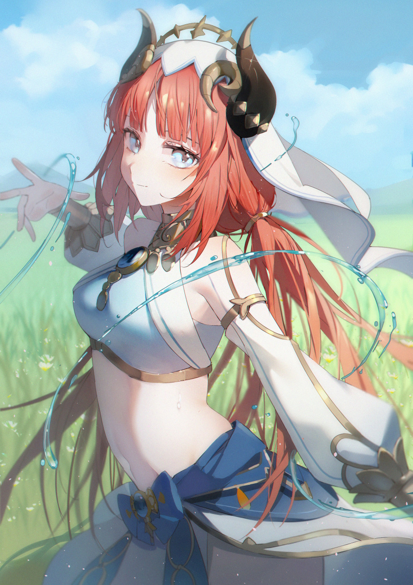 1girl absurdres arm_at_side bangs blue_bow blue_eyes blue_gemstone blue_skirt blue_sky blunt_bangs bow bracer breasts brooch closed_mouth clothing_cutout cloud commentary cowboy_shot crop_top day detached_sleeves fake_horns floating_hair gem genshin_impact gold_trim grass hand_up harem_outfit highres horns hydrokinesis jewelry long_hair long_sleeves looking_at_viewer low_twintails medium_breasts navel neck_ring nilou_(genshin_impact) nogi_lace outdoors parted_bangs puffy_long_sleeves puffy_sleeves red_hair sidelocks skirt sky smile solo stomach thighs twintails veil water